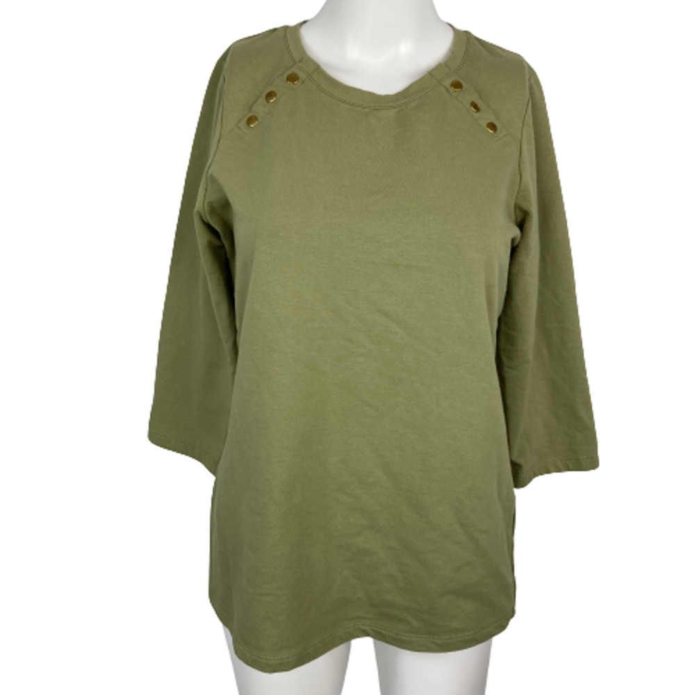 Denim & Co Active Shirt Womens Sz XXS Green Round Neck Top Stretch Jersey Knit‎